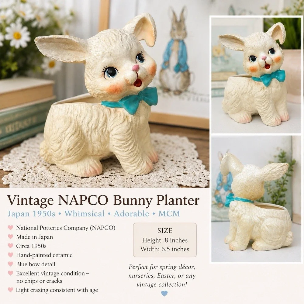 Vintage NAPCO Bunny Planter Storybook Rabbit Blue Bow Japan 1950s MCM